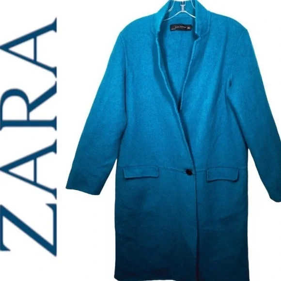 ZARA TEAL BLUE WOOL BLEND LONGLINE HAND-MADE 1 BUTTON CLOSURE DRESS COAT SZ MED - Picture 5 of 12